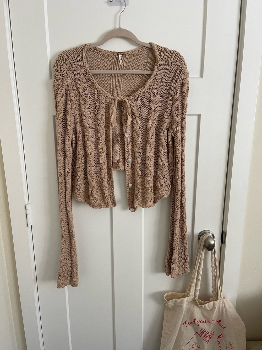 Light Brown Open-Knit Tie-Front Women's Sweater Cardigan